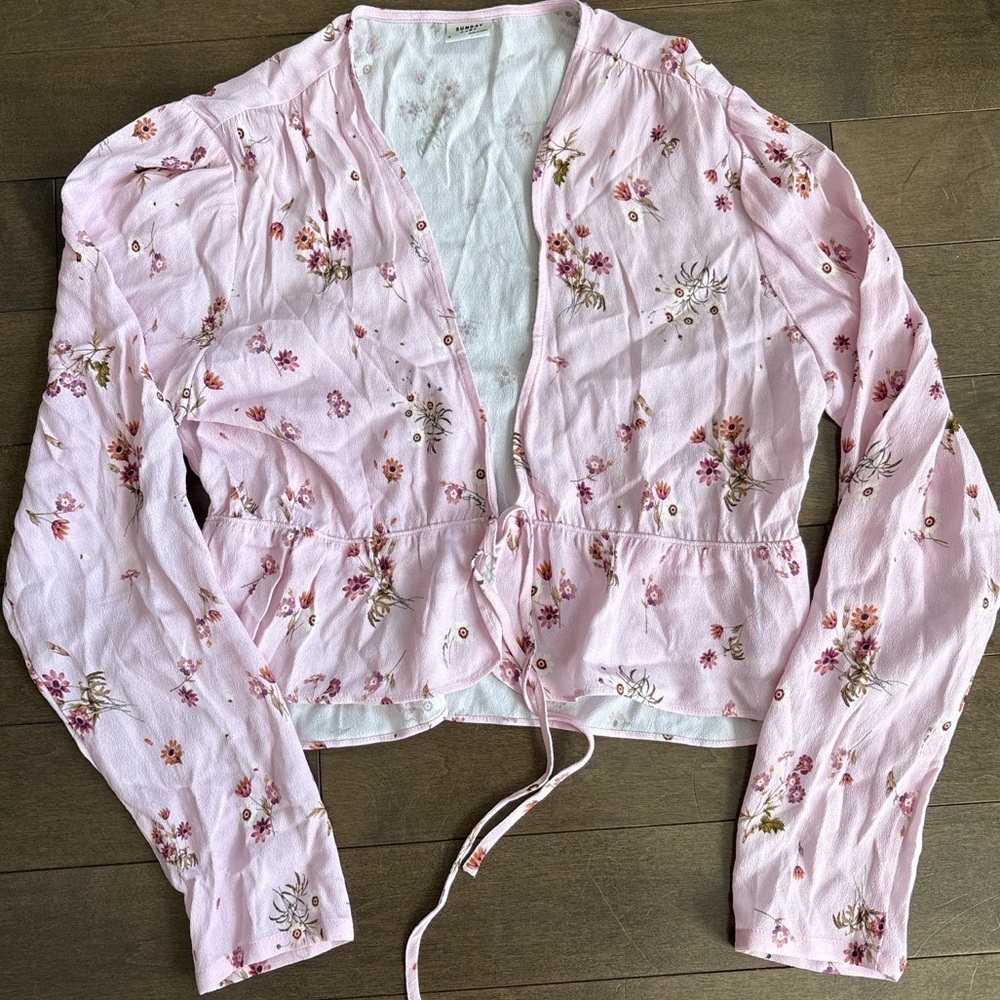 Sunday Best Floral Tie Front Blouse Pink Long Sleeve Crop Top Size S